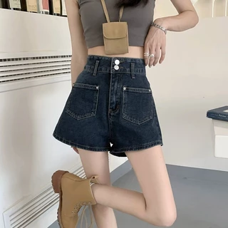 YODO กางเกงยีนส์สั้นเอวสูง S-4XL สีน้ำเงินวินเทจทรงเอ กางเกงขนสั้นสำหรับสาวอวบดูผอม BV83