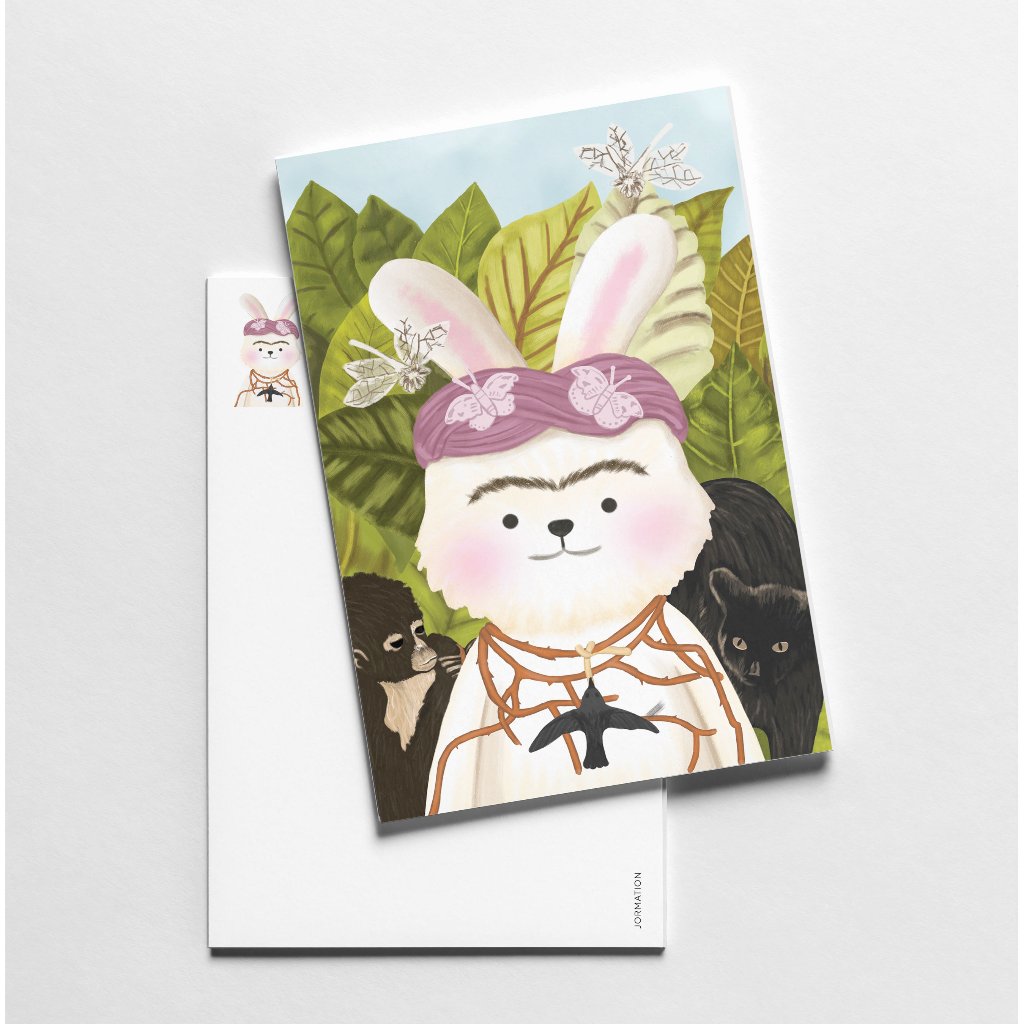 Rabbit in Frida Self Portrait Art Parody Postcard โปสการ์ด การ์ด ลายกระต่ายในภาพวาดผลงานศิลปะ | Jormation