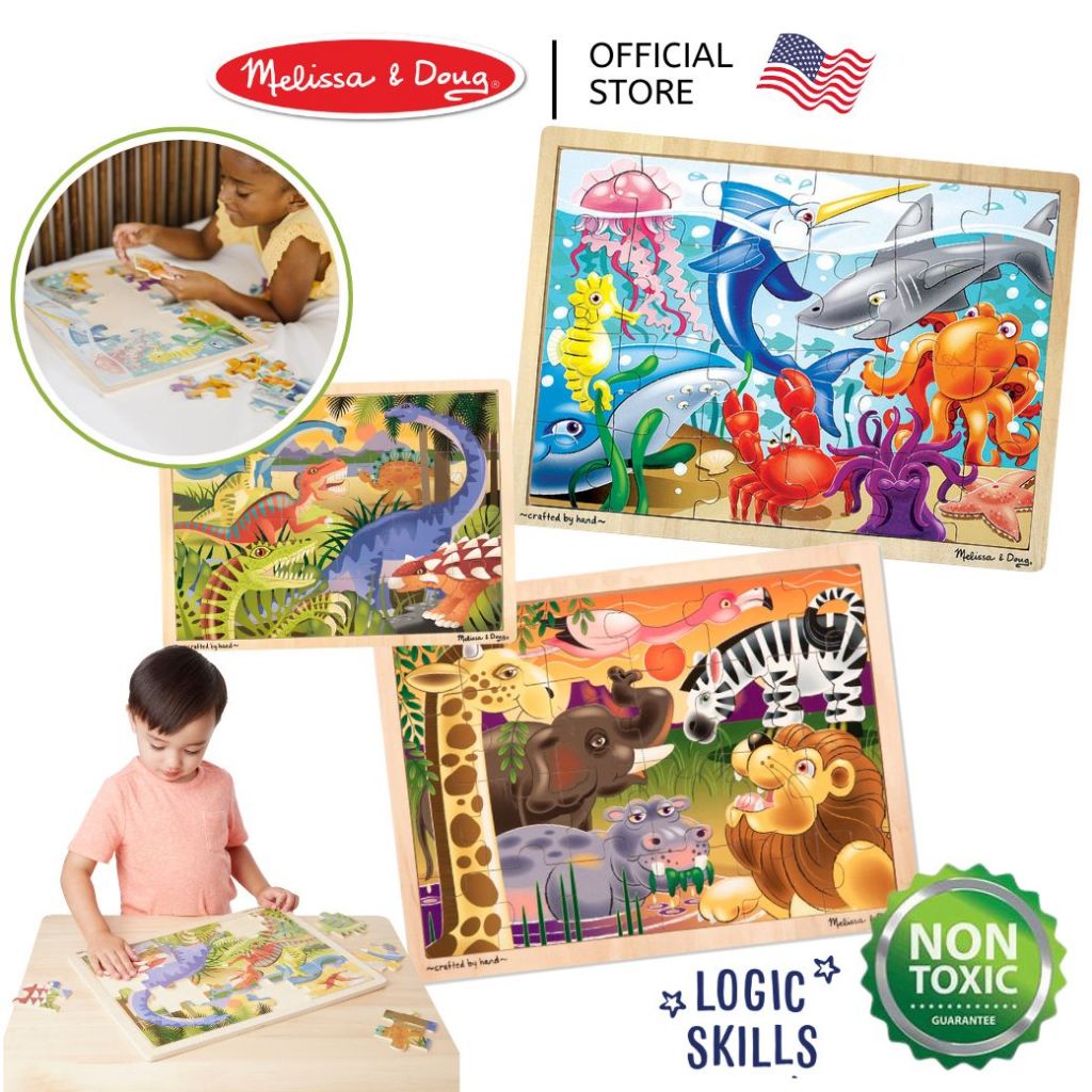 (ของแท้ USA) จิ๊กซอว์ไม้ 24 ชิ้น 24 pieces Wooden Jigsaw Puzzle Melissa & Doug ของเล่น สัตว์ ไดโน