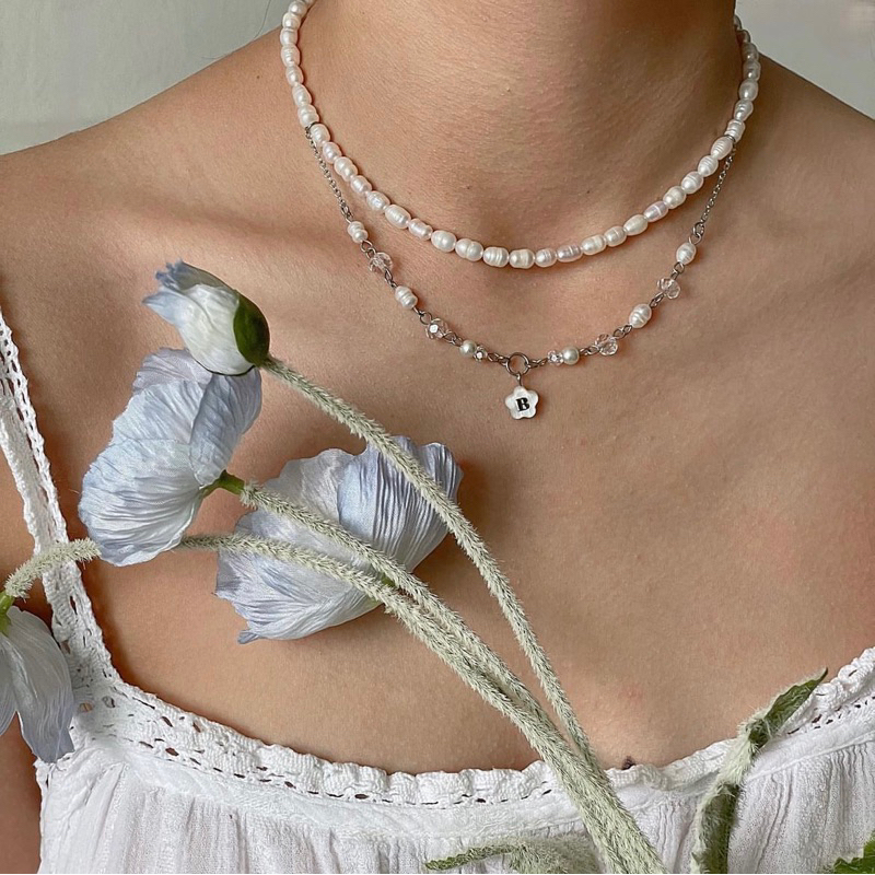 สร้อยไข่มุกน้ำจืด เลเยอร์2ชั้นจี้เปลือกหอยมุกทรงดอกไม้