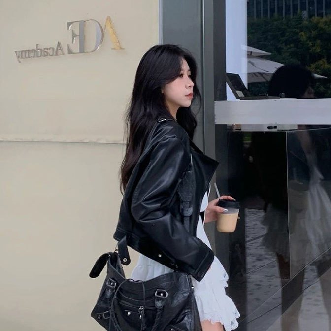 【xxavc825h0】 แจ็คเก็ตหนังรถจักรยานยนต์สีดำสำหรับผู้หญิงฤดูใบไม้ผลิและฤดูใบไม้ร่วงใหม่ย้อนยุคระดับไฮเอนด์แจ็คเก็ตหนัง  PU - รูปที่ 3