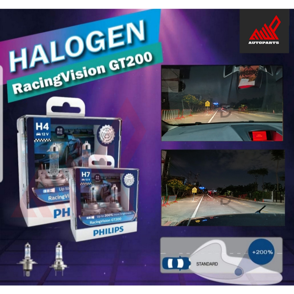 PHILIPS Racing Vision GT200 +200% ขั้ว H4 และ H7 (1กล่อง มี 2หลอด) ของแท้ รับประกัน 6 เดือน