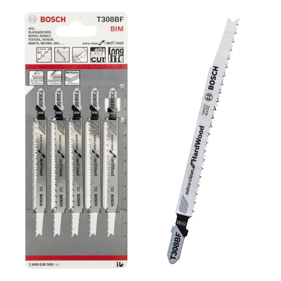 Bosch ใบเลื่อยจิ๊กซอว์ สำหรับตัดไม้ รุ่น T308BF / 2608636569 Extra-Clean for Hard Wood 5 ใบ / แพค ของแท้100%