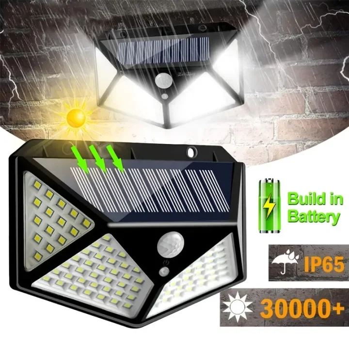 โคมไฟติดผนังสนามพลังงานแสงอาทิตย์100LED กลางแจ้งพร้อมไฟแสงอาทิตย์เปล่งแสงสี่ด้านโคมไฟถนนกลางแจ้งกันน้ำตรวจจับได้จากมนุษย