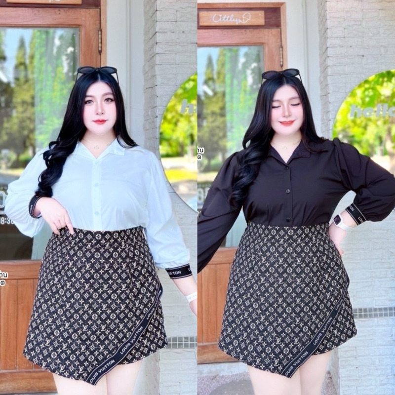 สาวอวบ ชุดเซ็ตสาวอวบ เซ็ตเชิ้ตแขนยาว กระโปรงกางเกง(กระโปรงดำ) ลายกราฟฟิกใหม่ พลางหุ่น หรูหรา อก 38 40 42 44