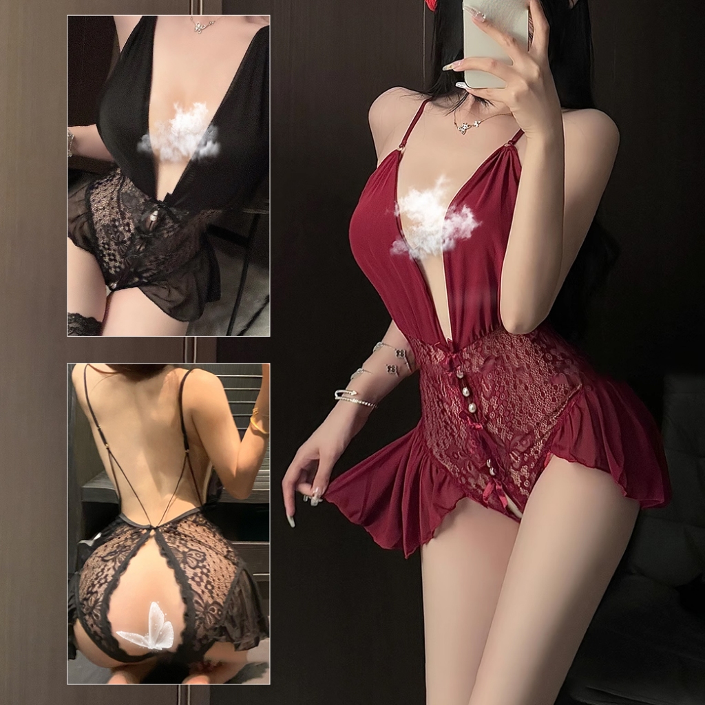 ชุดนอนไม่ได้นอนลูกไม้💋ชุดบอดี้สูทเซ็กซี่✨ดีพวีแต่งมุก บั้นท้ายกลวง🚚ส่งไวจากไทย1-3วัน