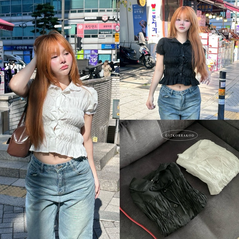 เสื้อคอปกสม็อคลำตัวแขนสั้นแต่งลูกไม้ผูกโบว์หน้า ผ้าคอตตอน (Nusa Style)
