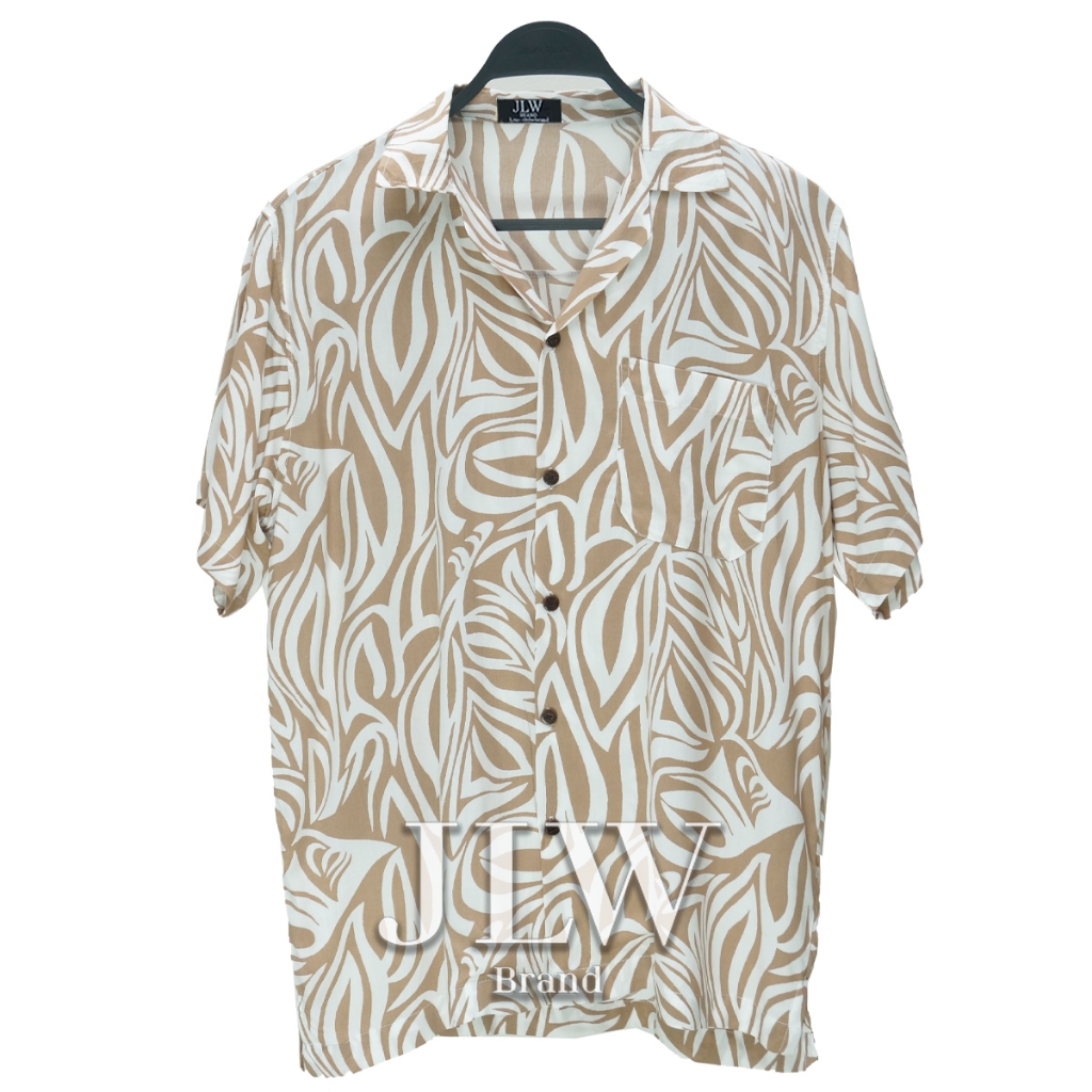เสื้อฮาวาย ลายริ้วริ้ว ครีม ผ้านิ่ม M L XL Oversize คอฮาวาย JLW BRAND