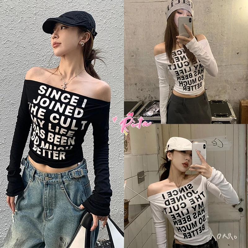 Rita พร้อมส่ง🎈เสื้อยืดปาดไหล่แขนยาว🎈เสื้อเซ็กซี่ผู้หญิง เสื้อรัดรูป แฟชั่น croptop แขนยาว พิมพ์ลายตัวอักษรY2K