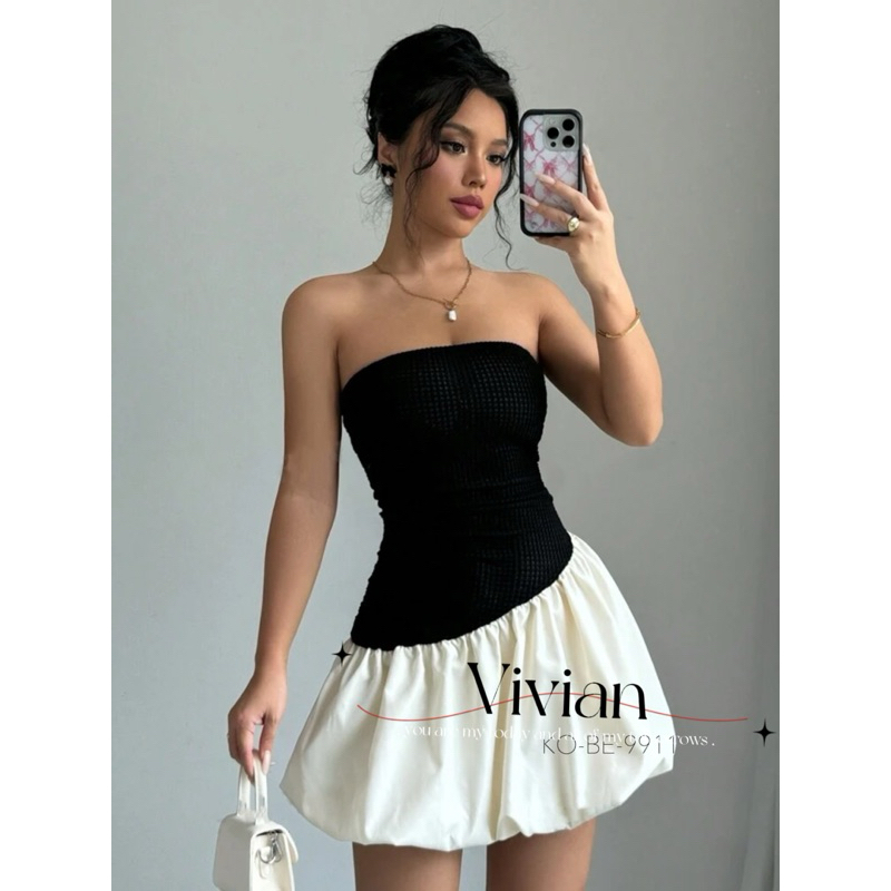 รุ่น Vivien เดรสทูโทนดำขาว เกาะอก+กระโปรงบอลลูน พร้อมส่งจากไทย