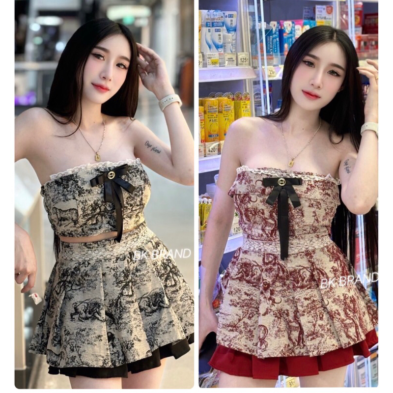 ชุดเซ็ท2ชิ้นเกาะอกเสริมฟองผ้าทอลายเสื้อแต่งขอบลูกไม้ติดเข็มกลัดโบว์ งานสม็อคหลัง ซิปข้าง งานกระโปรงจีบผ้าทอลาย