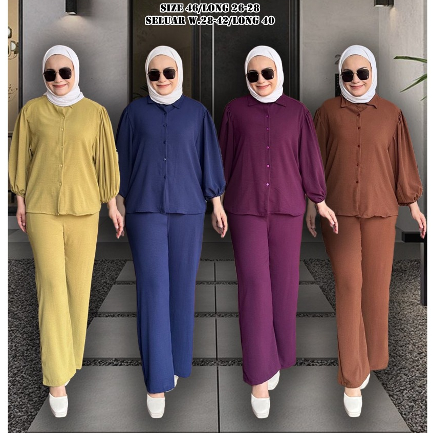 [สินค้ามีพร้อมส่ง] ชุดเซ็ตเสื้อ+กางเกง แขนตุ๊กตา ข้อมือจั๊ม คอปกกระดุม ผ้าสลาฟ รีดครั้งเดียวใส่ได้ตลอดวัน 162