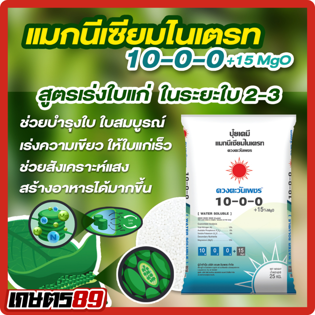 10-0-0+MgO15% ปุ๋ยแมกนีเซียมไนเตรท เร่งใบเขียว เขียวไว ใบหนา ใบแก่ เขียวทน เขียวนาน พืชกินไว ละลายง่าย แก้ทุเรียนขาดน้ำ