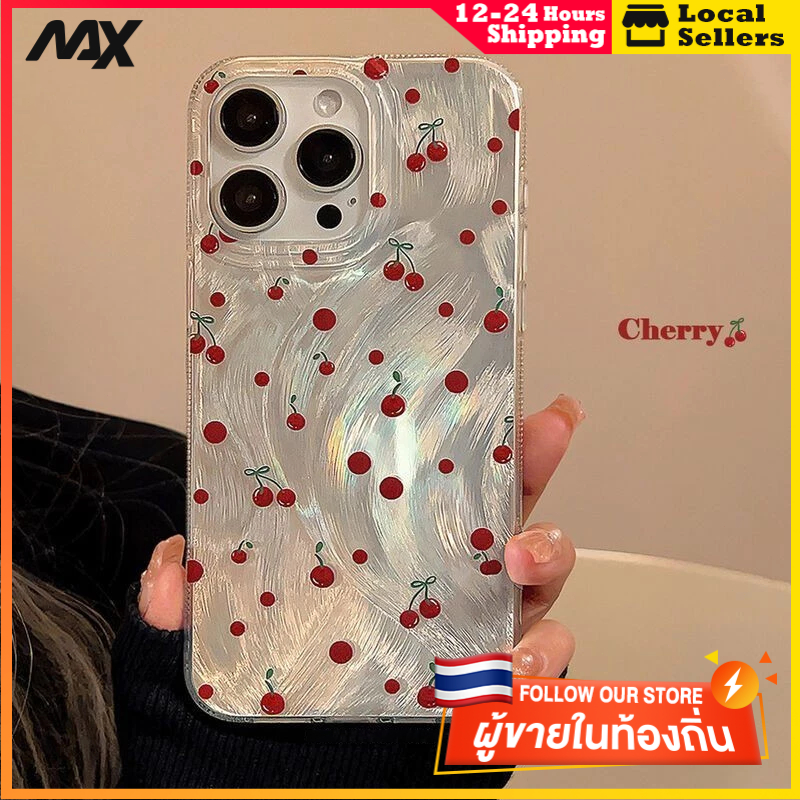 ขนนกสีเงินหรูหราโฮโลแกรมเลเซอร์เคสใส อ่อนนุ่ม TPU for iPhone 11 15 14 13 Pro Max 12 XR XS 7 8 PLUS เชอร์รี่เล็กๆน้อยๆ