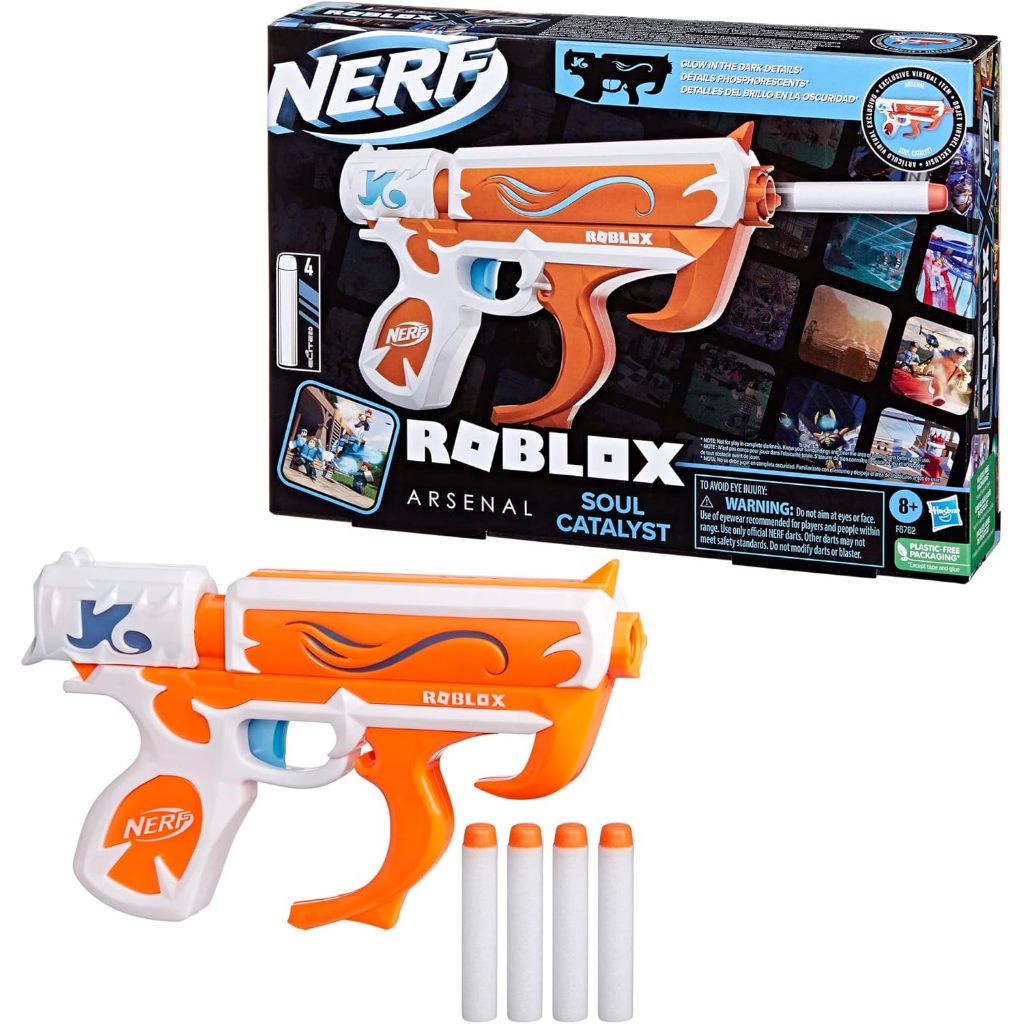 Hasbro Nerf Roblox ARSENAL SOUL CATALYST Dart Blaster, Limited Virtual Item Code, 4 Nerf Elite Darts