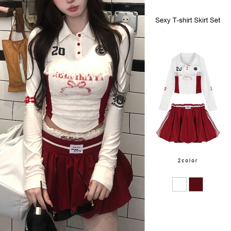 2pcs ปกปก ลูกไม้ โบว์ เสื้อยืดแขนยาวพิมพ์ลาย กระโปรงสั้นปุย เสื้อยืดเซ็กซี่ ชุดกระโปรง GA