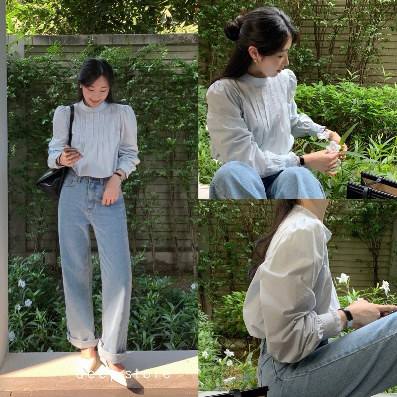 Blue Fringe Shirt เสื้อเชิ้ตทรงคอปีน แขนยาว ช่วงไหล่เย็บจับจีบ ช่วงอกเย็บแถบด้านหน้า แต่งระบายที่ปลายแขน