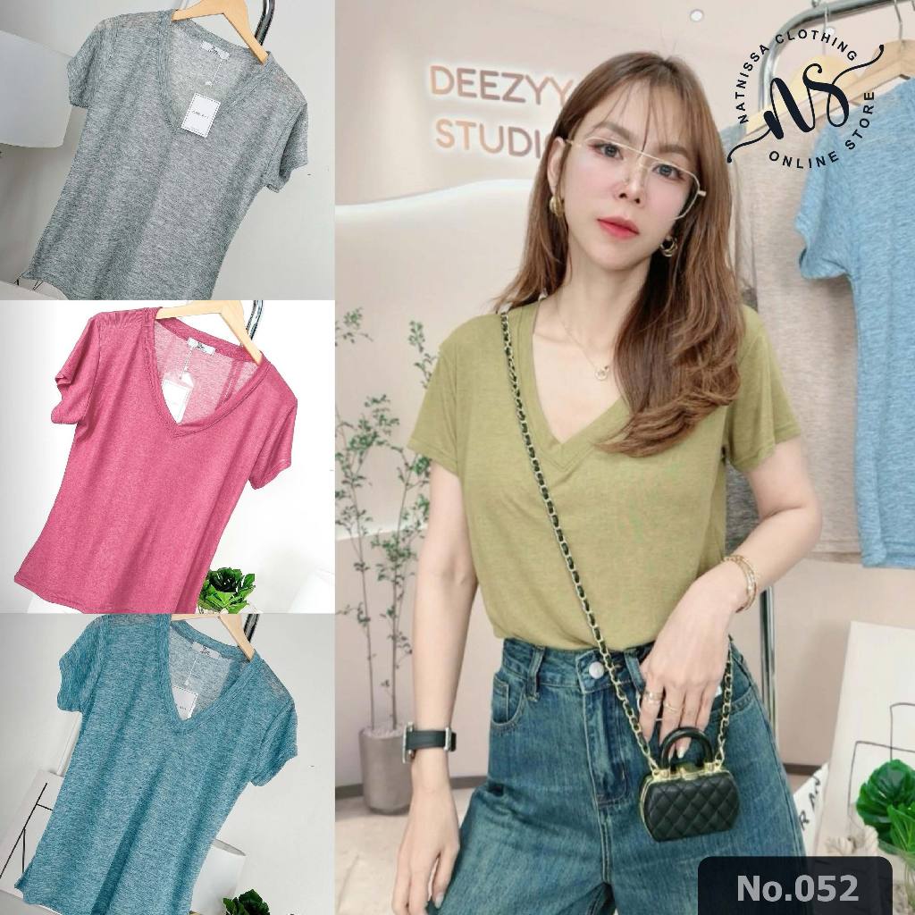 052 เสื้อยืด คอวี ฟรีไซส์ อก 36 - 40 ผ้าสโนว์ ใส่แล้วเย็นสบาย ไม่ยับ ไม่ต้องรีด เสื้อผ้าแฟชั่นผู้หญิง