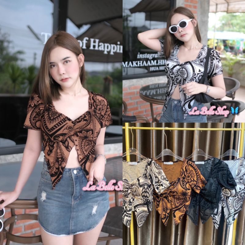 เสื้อครอปแขนสั้น พิมพ์ลาย อกเสริมฟองน้ำ สวยๆแซ่บๆ