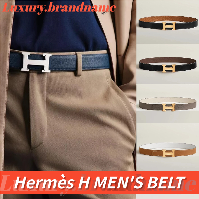 Hermès แท้ Hermes H Men's Belt Buckle & Double Leather Belt 32mm เข็มขัดผู้ชาย