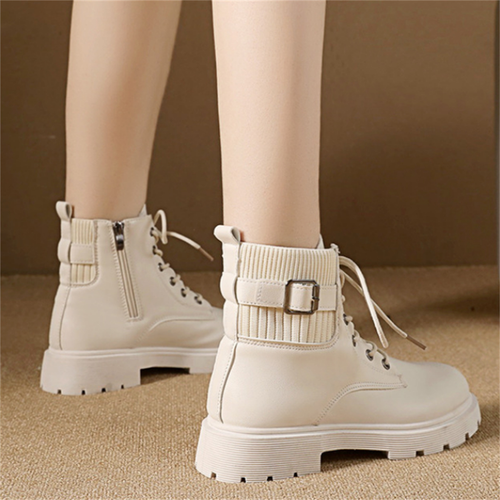 ผูกขึ้น รองเท้ามาร์ตินสไตล์อังกฤษแฟชั่นสีทึบหนา แต่เพียงผู้เดียวรอบหัวซิปด้านข้างรองเท้าสั้น - รูปที่ 7