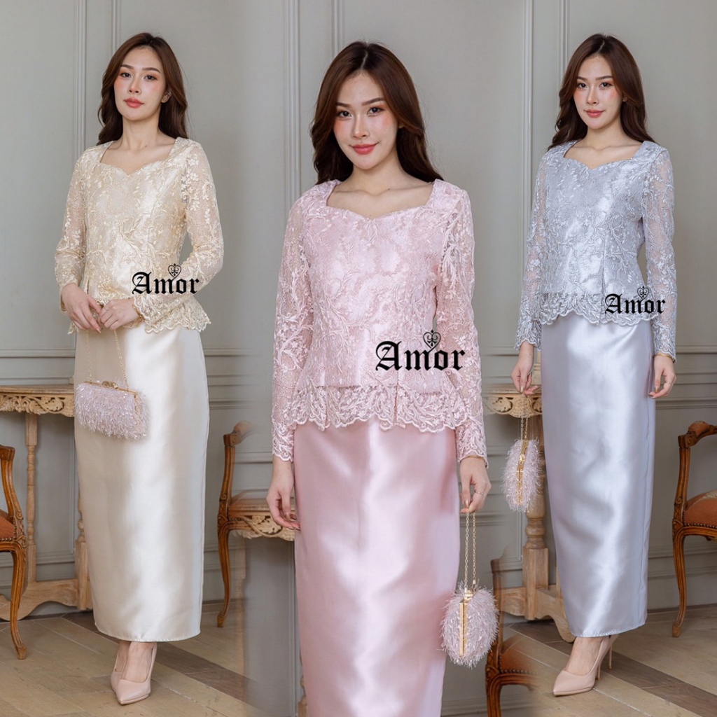M-4XL ชุดไทยประยุกต์ใส่ทำบุญ เสื้อ+กระโปรง✨สีชมพู/สีครีมทอง/สีเทา