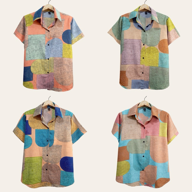 (อก 44”) เสื้อเชิ้ต เเขนสามส่วน ผ่าหน้า ลายดอก ผ้าไหมอิตาลี ไม่ต้องรีด