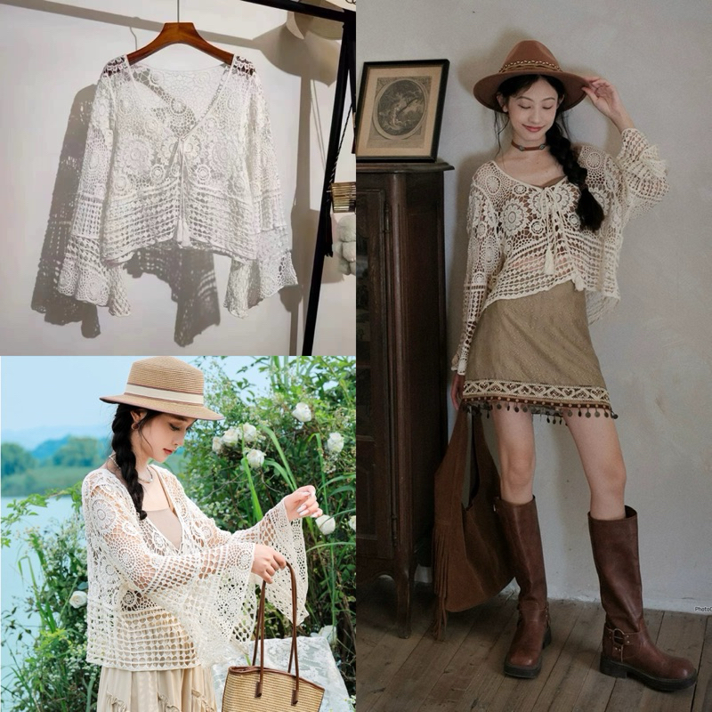 เสื้อคลุมถักไหมพรมนิ่มแขนกระดิ่ง เสื้อคลุมถักลูกไม้