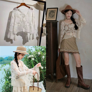 เสื้อคลุมถักไหมพรมนิ่มแขนกระดิ่ง เสื้อคลุมถักลูกไม้