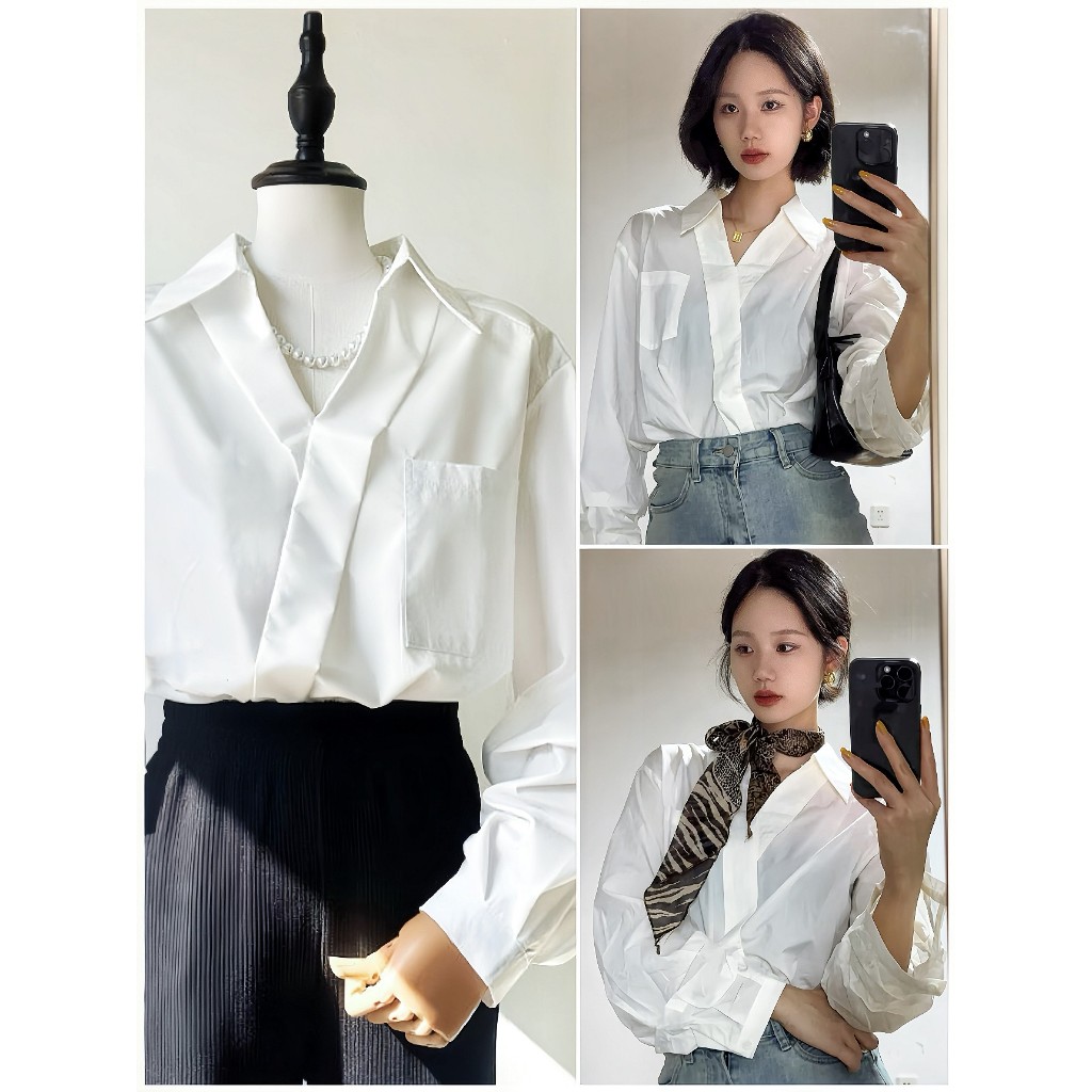 เสื้อเบลาส์ผู้หญิง ทรงอสมมาตร มีกระเป๋า สีพื้น สไตล์ลำลอง ใส่สบาย แฟชั่นเกาหลี ใส่ได้ทุกวัน