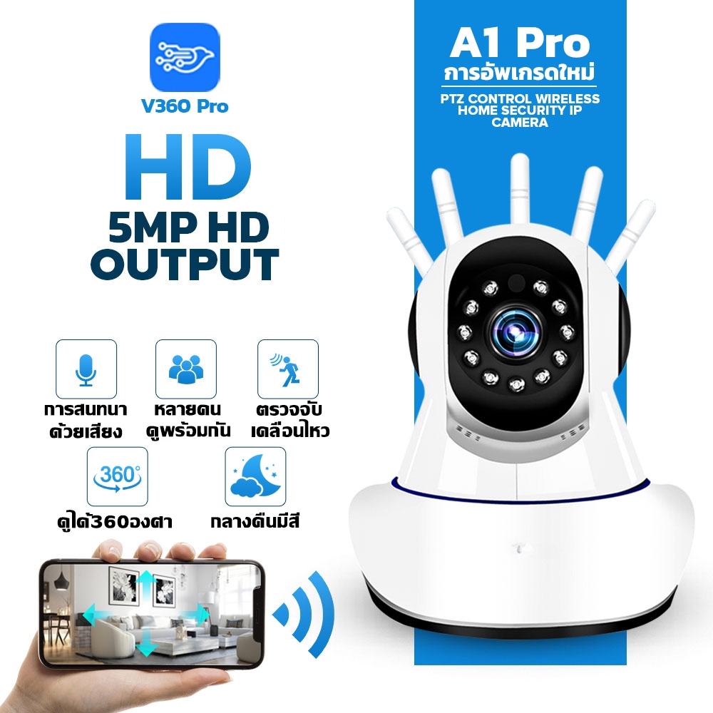 WIFI Full 5MP HD กล้องวงจรปิด ไร้สาย night vision ตรวจจับความเคลื่อนไหว Camera มาพร้อมกล้องคู่ Security ดหมุนได้ 360°
