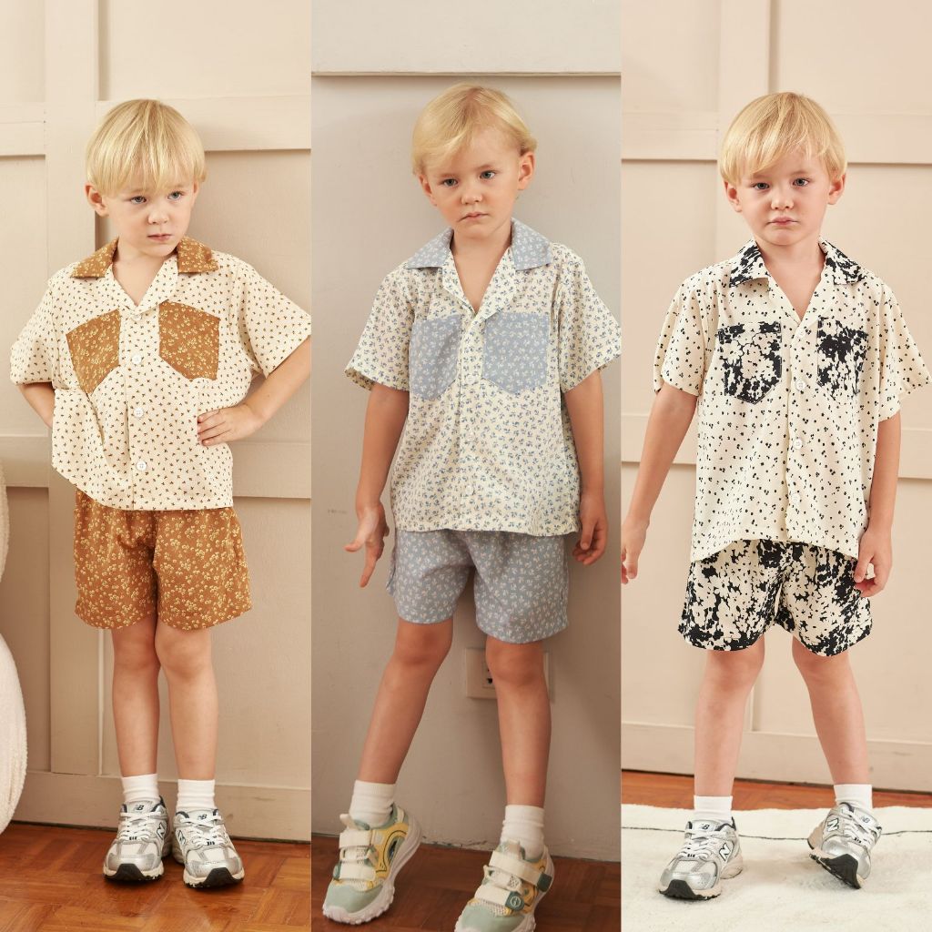 PIMNATTA Madison hawaii Set ชุดเซ็ตเชิ้ต เด็กผู้ชาย ผ้าพิมพ์ลายเฉพาะของแบรนด์