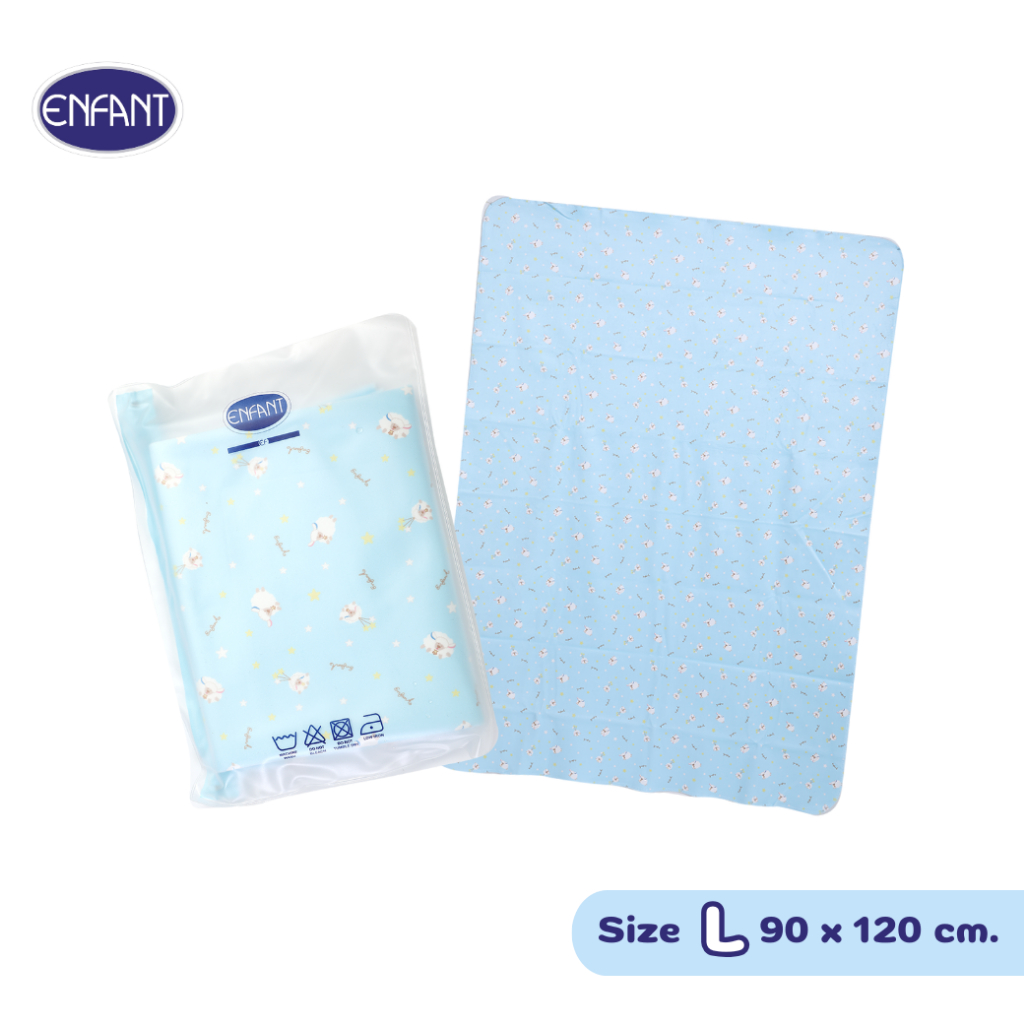 ENFANT (อองฟองต์) ผ้ารองกันน้ำ Crytal Velvet (ผ้ากำมะหยี่นุ่ม) สีฟ้า ลายน้องแกะ น่ารัก ขนาด (L) 90x120 ซม.