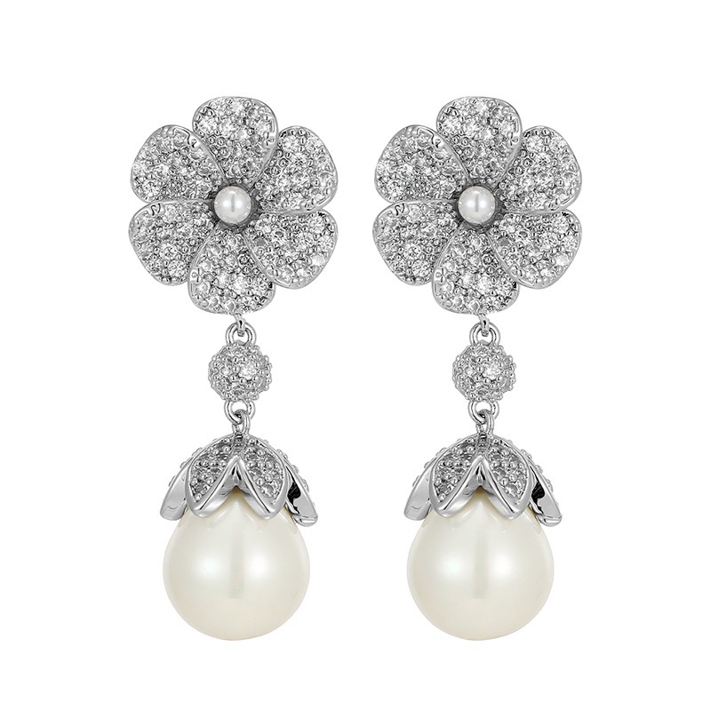 Neriza Jewelry/ ต่างหูระย้าเพชรสังเคราะห์ประดับมุก เกรดพรีเมี่ยม ประกายไฟเทียบเท่าเพชรแท้  NE187
