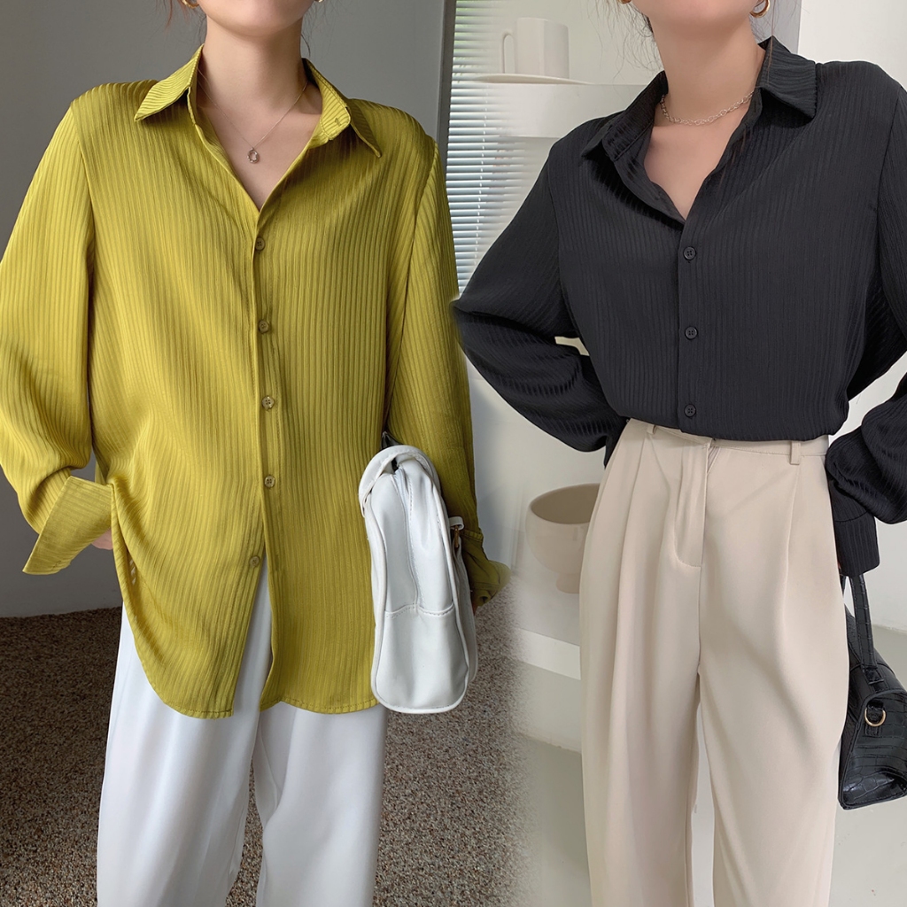 mimi&didi#เสื้อเบลาส์ลายทางแขนยาว สไตล์ฝรั่งเศส เสื้อเชิ้ตลำลองผ้าเดรปทรงหลวมแสดงเสน่ห์และความสง่างามของผู้หญิง#W516