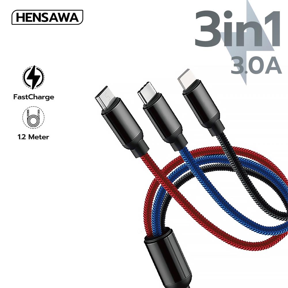 Hensawa 3in1 สายชาร์จเร็ว 3.0A สาย USB to (iP+TypeC+Micro) สายไนลอน รุ่น US24 ชาร์จพร้อมกันได้ Fast Charge Cable