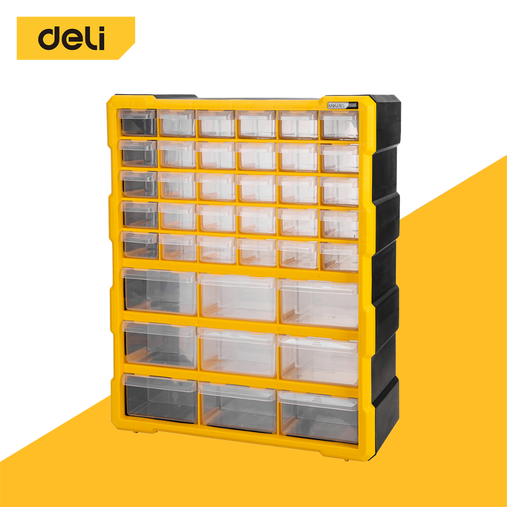 Deli ลิ้นชักพลาสติกเก็บสกรู กล่องใส่อะไหล่พลาสติก 39ช่อง ติดพนังได้  Compartment Drawer
