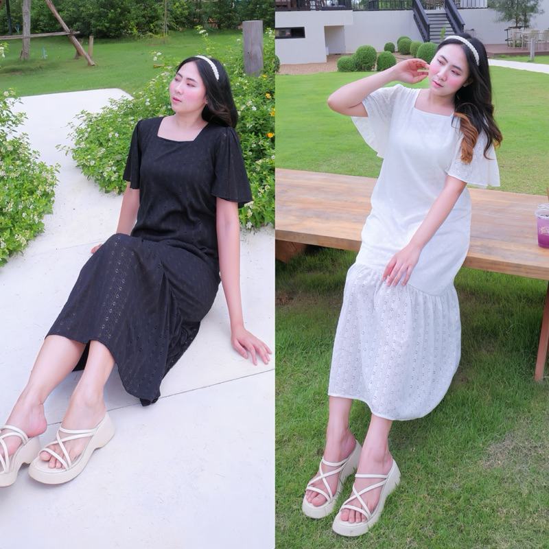 ชุดเดรสยาว Dress ผ้าลูกไม้ลายฉลุคอเหลี่ยมแขนย้วยชายกระโปรงระบาย มีซับ เสื้อผ้าผู้หญิงสาวอวบ Clothing Women Lady