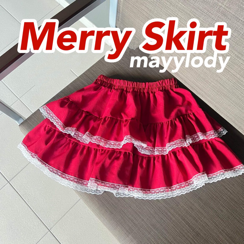 mayylody Scott Skirt กระโปรงสั้น มีซับในกางเกง เอวถึง- 36 เเต่งจีบระบายขอบลูกไม้ฟูฟู กระโปรงสีแดง / คริสต์มาส