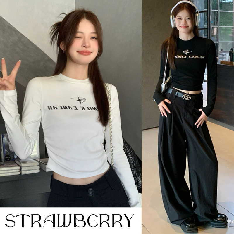 STR พร้อมส่ง🌀เสื้อรัดรูป เสื้อครอป เสื้อยืดแขนยาวสีพื้นเอวลอยทรงสกินนี่พอดีตัว เสื้อยืดสีขาวสาวฮอตอเมริกัน สไตล์เกาหลี