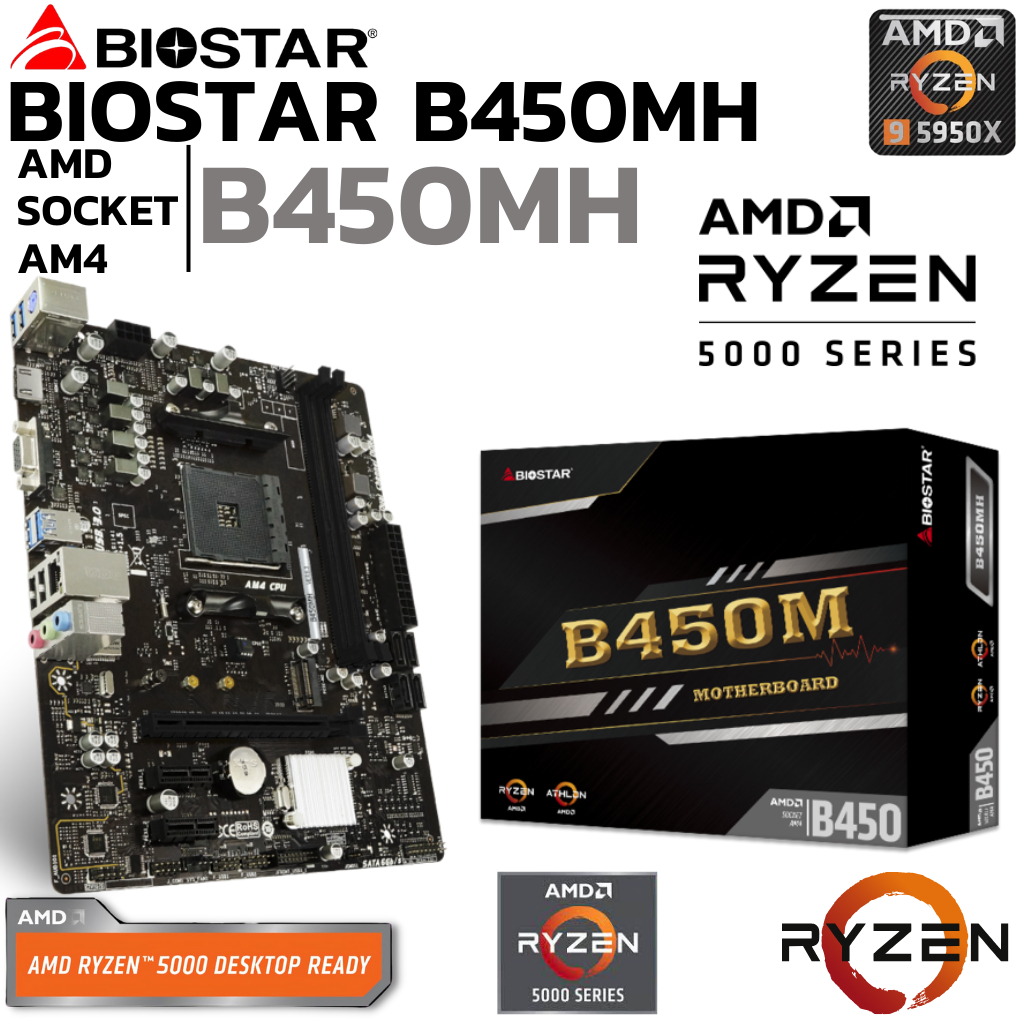 MAINBOARD (เมนบอร์ด) AM4 BIOSTAR B450MH DDR4 Support 5000 Series