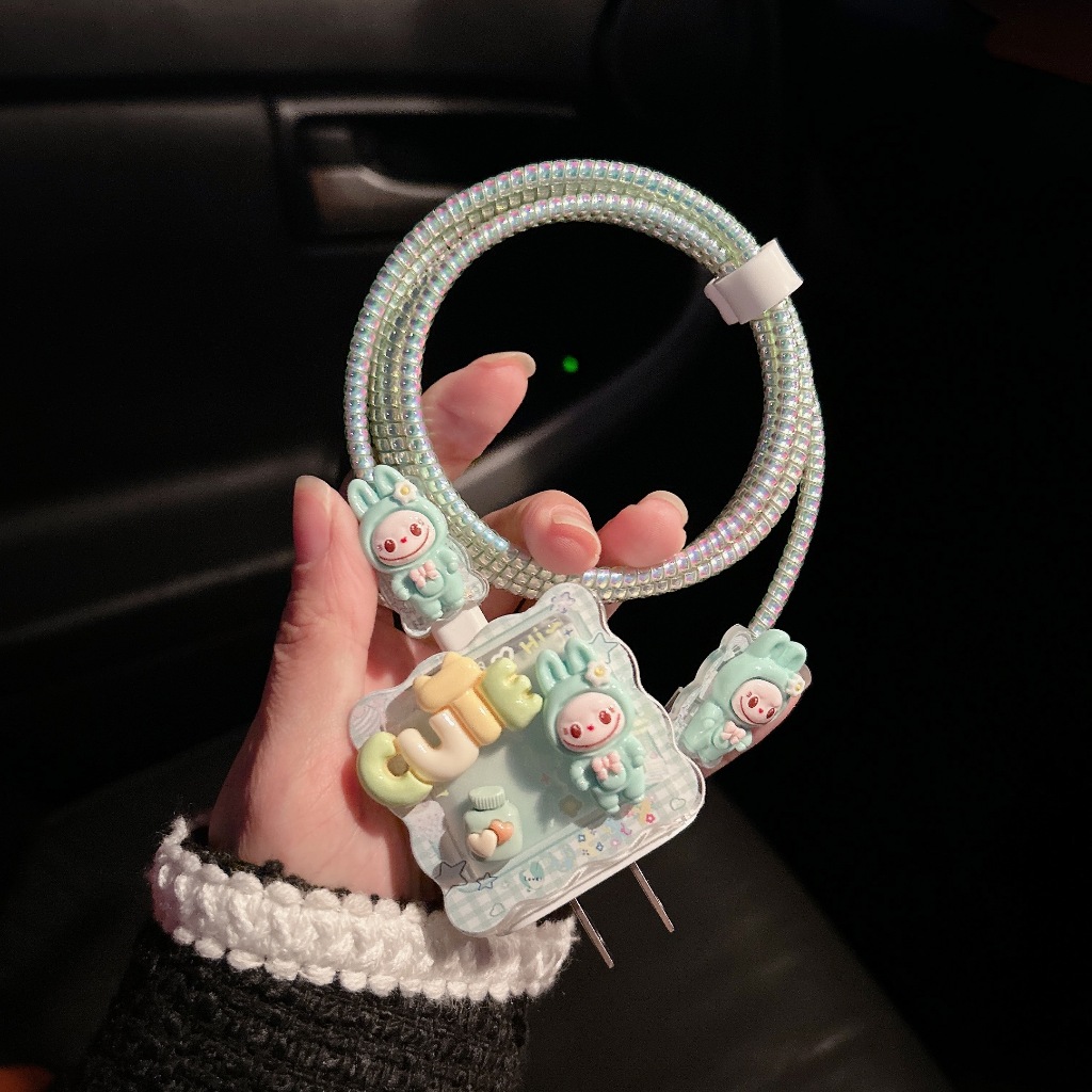 พร้อมส่งจากไทย ขอบหยักLALAเขียว ชุดพันสาย เคสหัวชาร์จ ลายการ์ตูน ตัวถนอมสาย USB สำหรับ iphone 20w 18w 35W