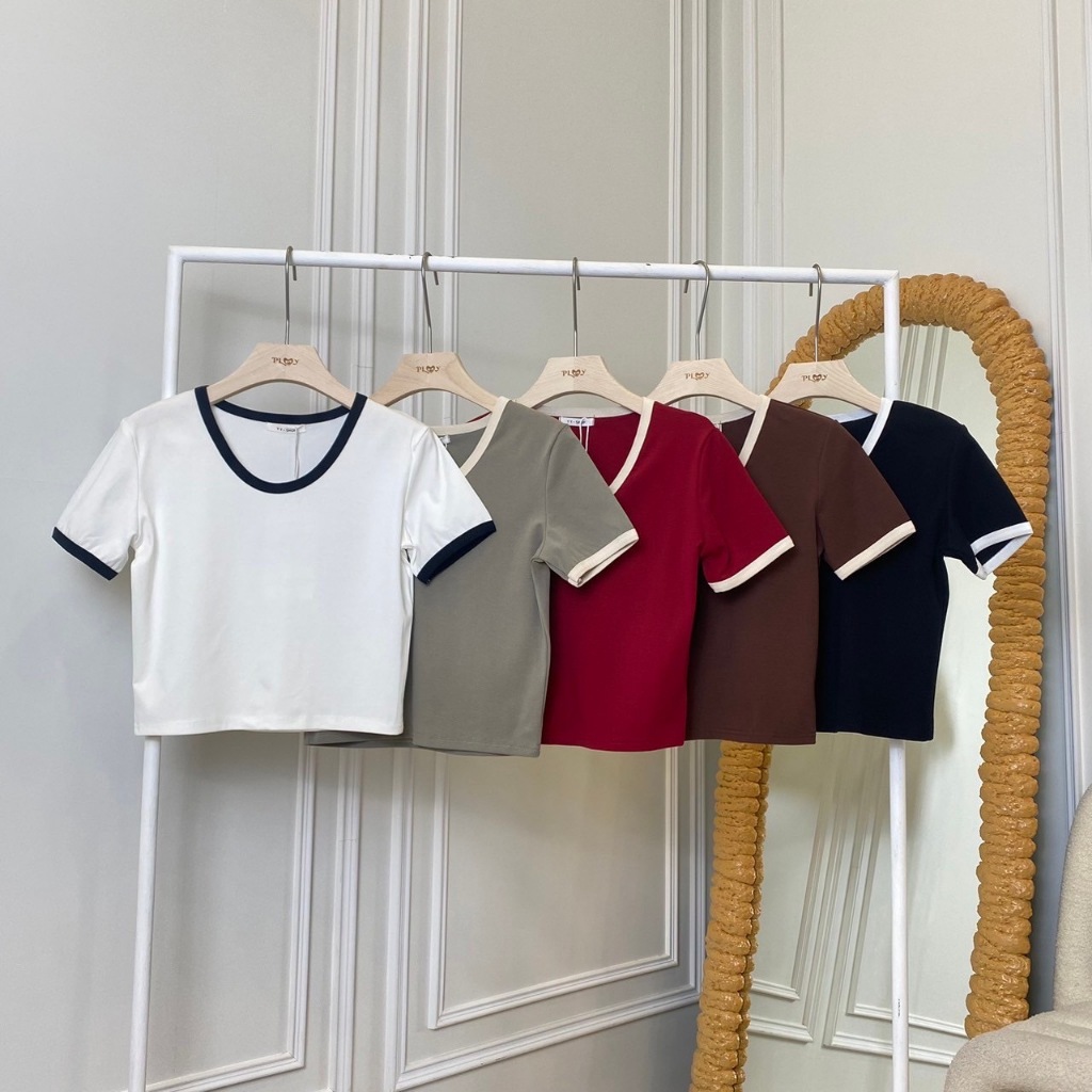 PP8755 เสื้อยืดแขนสั้นแต่งสีตัดขอบ Women Clothes