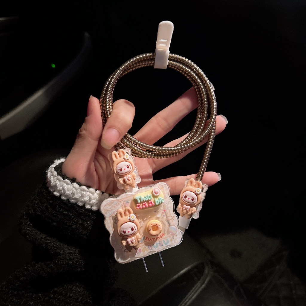 พร้อมส่งจากไทย ขอบหยักLALAน้ำตาล ชุดพันสาย เคสหัวชาร์จ ลายการ์ตูน ตัวถนอมสาย USB สำหรับ iphone 20w 18w 35W