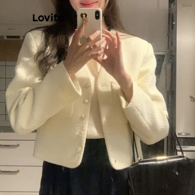 Lovito (ส่งต่อมือ1) เสื้อแจ็คเก็ตปุ่มธรรมดาแบบสบาย ๆ สำหรับผู้หญิง LNA75431