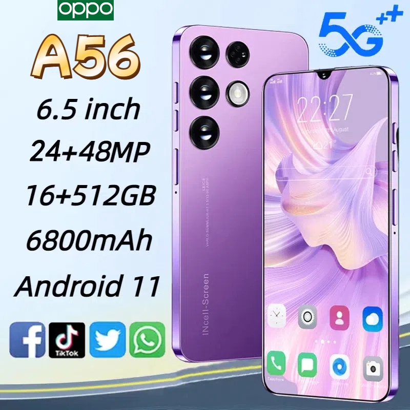 สมาร์ทโฟนดั้งเดิม 0PP0 A56 5G โทรศัพท์เล่นเกม Android แบบเต็มหน้าจอ HD ขนาด 6.5 นิ้วราคาถูก