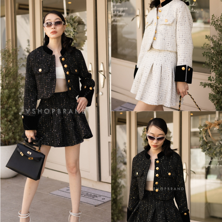พร้อมส่ง Set เสื้อคลุมผ้าทวิตทอเลื่อมและกระโปรงทรงพลีท งานป้าย vshopbrand