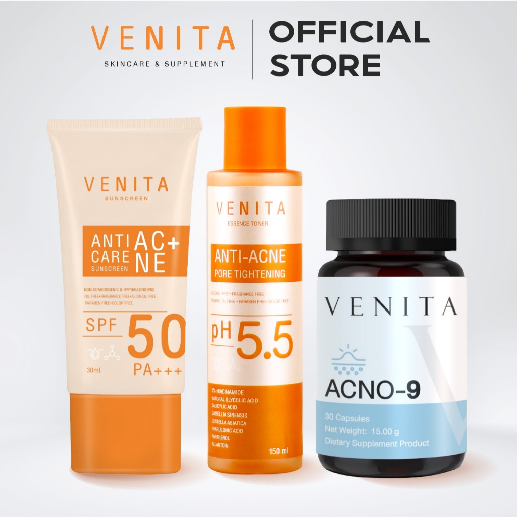 [SET] ครีมกันแดด VENITA + เอสเซนส์โทนเนอร์ลดสิว + VENITA ACNO-9 ผลิตภัณฑ์เสริมอาหารเวนิต้าแอคท์โน-9