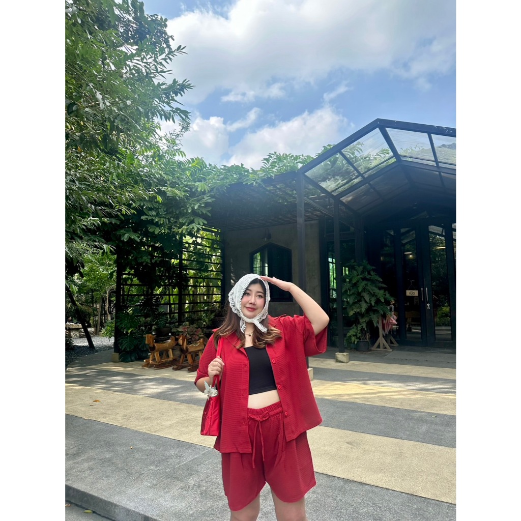 Waffle set เซ็ทเสื้อเชิ้ต+ขาสั้นโอเวอร์ไซซ์ | plussizeby.yuti