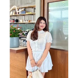 CiCi Plus+(3345) เสื้อแขนสั้นแต่งระบายขอบสไตล์เกาหลี เหมาะสำหรับสาวพลัสไซส์